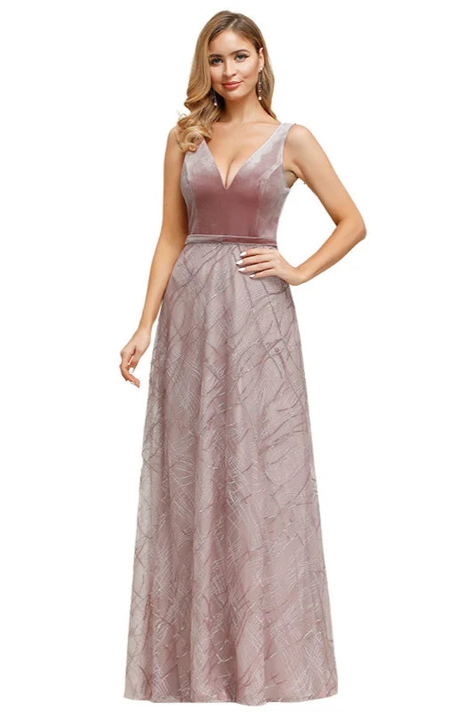 Glamorous V-Neck Velvet Top Prom Dress Long Sequins Evening Party Gowns-BallBride