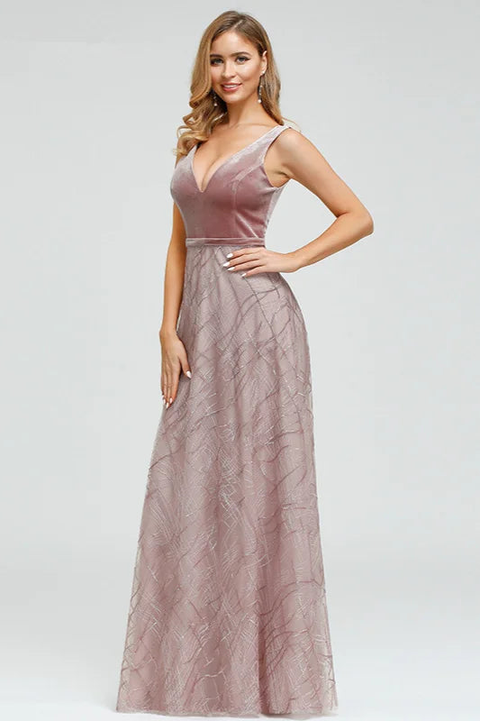 Glamorous V-Neck Velvet Top Prom Dress Long Sequins Evening Party Gowns-BallBride