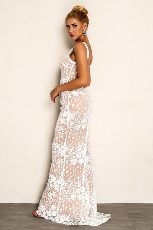 Glamorous V-Neck White Prom Dresses Mermaid Long Sequins Evening Gowns-BallBride