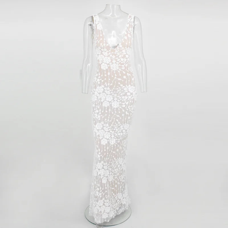 Glamorous V-Neck White Prom Dresses Mermaid Long Sequins Evening Gowns-BallBride