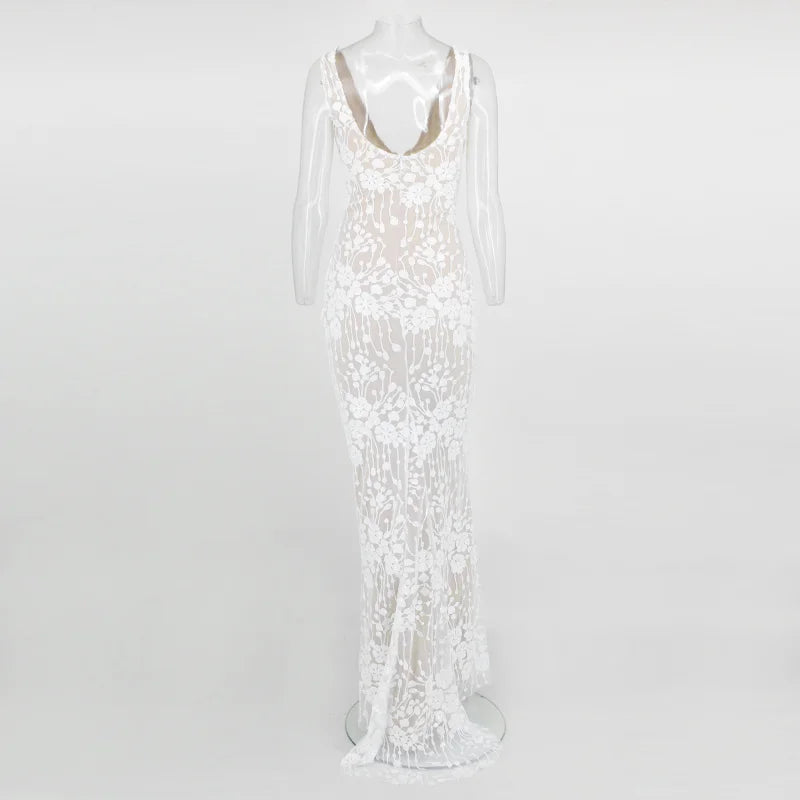 Glamorous V-Neck White Prom Dresses Mermaid Long Sequins Evening Gowns-BallBride