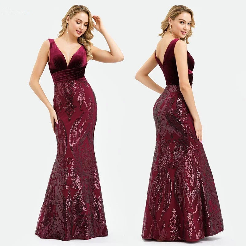 Glamorous Velvet Sequins Mermaid Long Evening Prom Dress-BallBride