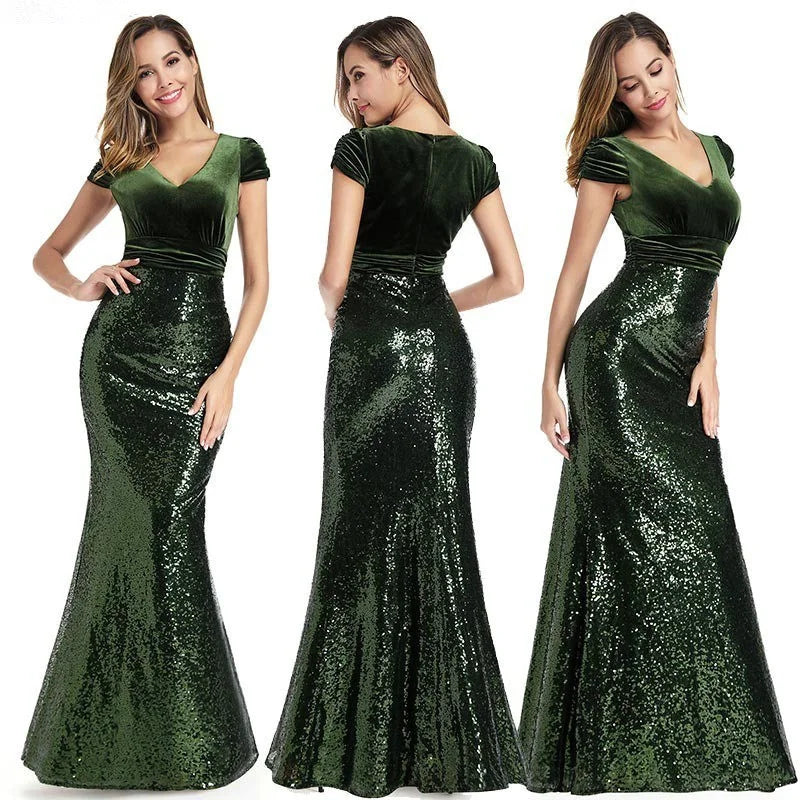 Glamorous Velvet Sequins Mermaid Long Evening Prom Dress-BallBride