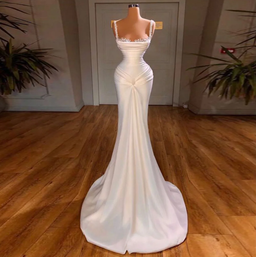 Glamorous White Ruffles Straps Sheath Appliques Prom Dress-BallBride