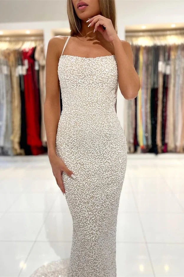 Glamorous White Spaghetti-Strals Sleeveless Mermaid Evening Dress Sequins Long-BallBride