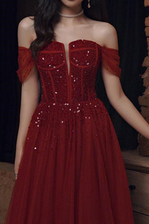 Glamorous Wine Red Off-The-Shoulder Evening Dress With Sequins Beads-BallBride