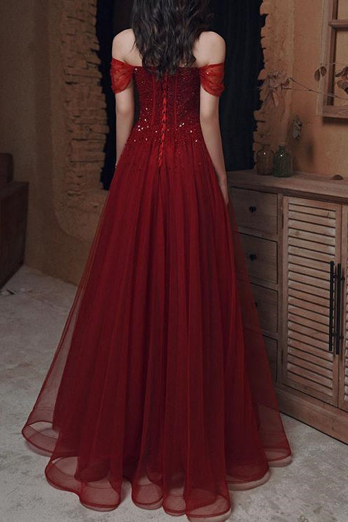 Glamorous Wine Red Off-The-Shoulder Evening Dress With Sequins Beads-BallBride