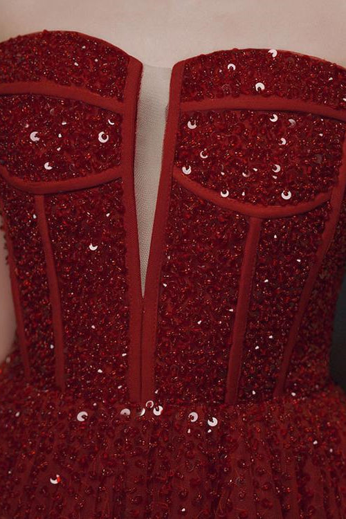 Glamorous Wine Red Off-The-Shoulder Evening Dress With Sequins Beads-BallBride