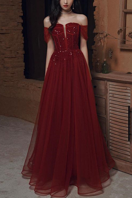 Glamorous Wine Red Off-The-Shoulder Evening Dress With Sequins Beads-BallBride