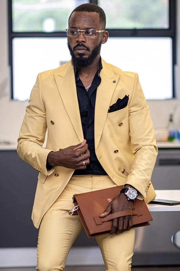 Glamorous Yandel Yellow Peaked Lapel Groom Suit With Double Breasted-BallBride