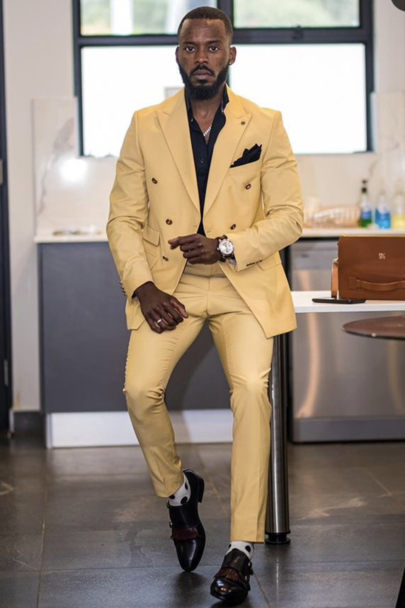 Glamorous Yandel Yellow Peaked Lapel Groom Suit With Double Breasted-BallBride