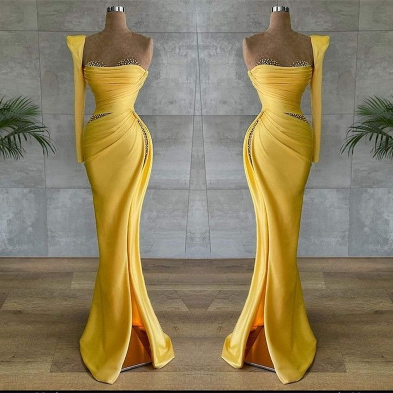 Glamorous Yellow Asymmetrical Prom Dress with Beading-BallBride