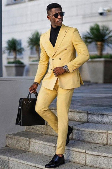 Glamorous Yellow Double Breasted Business Suit with Peaked Lapel-BallBride