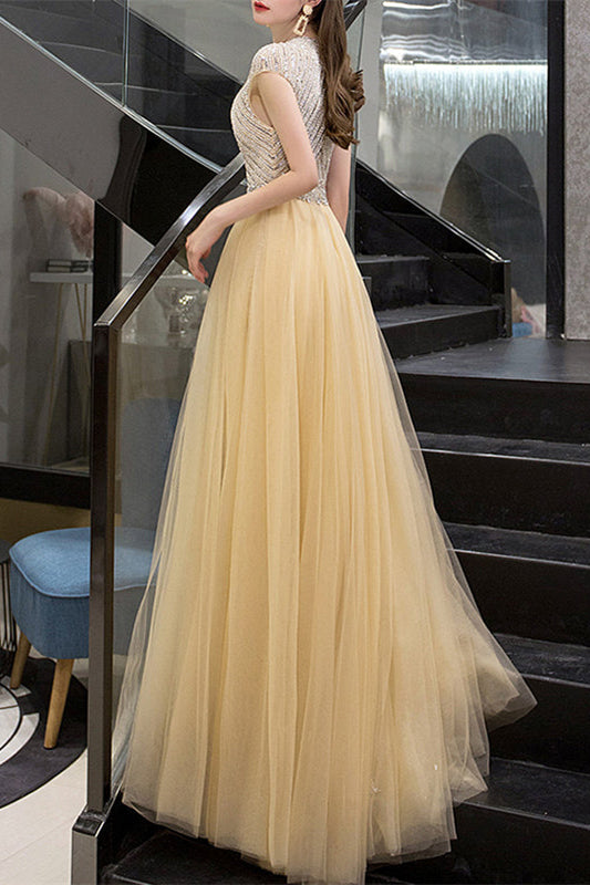 Glamorous Yellow Sequins Beadings Evening Dress With Long Ruffles High Collar Cap Sleeves-BallBride