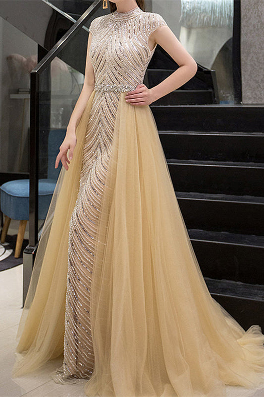 Glamorous Yellow Sequins Beadings Evening Dress With Long Ruffles High Collar Cap Sleeves-BallBride