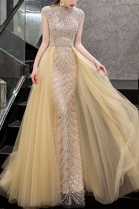 Glamorous Yellow Sequins Beadings Evening Dress With Long Ruffles High Collar Cap Sleeves-BallBride