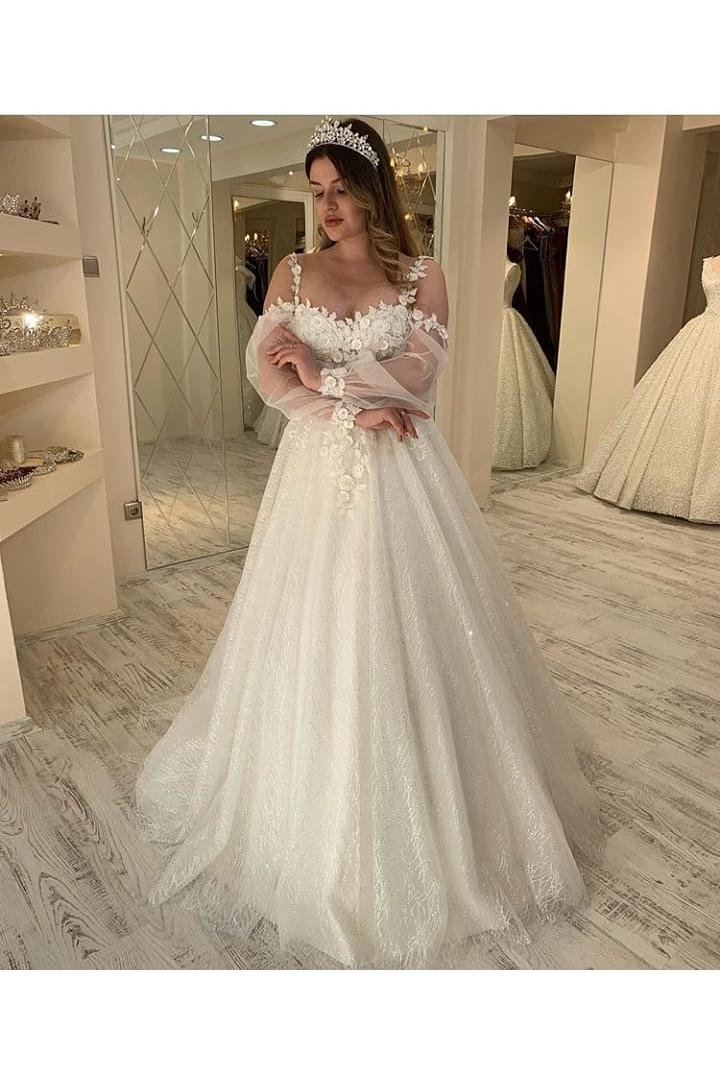 Gliiter Sweetheart Spaghetti-Straps Long Wedding Dress With Sleeves-BallBride