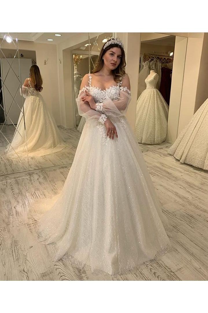 Gliiter Sweetheart Spaghetti-Straps Long Wedding Dress With Sleeves-BallBride