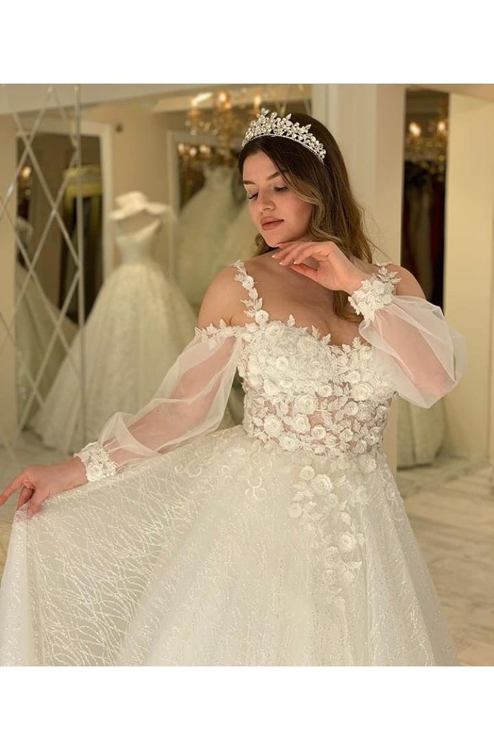 Gliiter Sweetheart Spaghetti-Straps Long Wedding Dress With Sleeves-BallBride