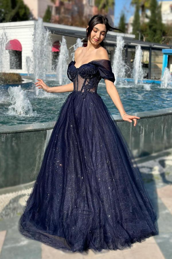 Glitter Long A-line Off the Shoulder Sweetheart Formal Prom Dresses-BallBride