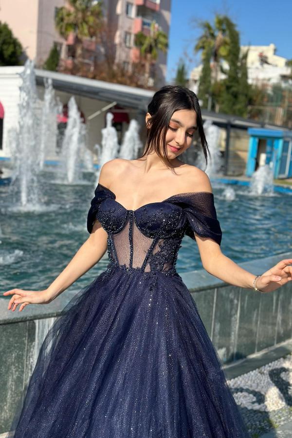 Glitter Long A-line Off the Shoulder Sweetheart Formal Prom Dresses-BallBride