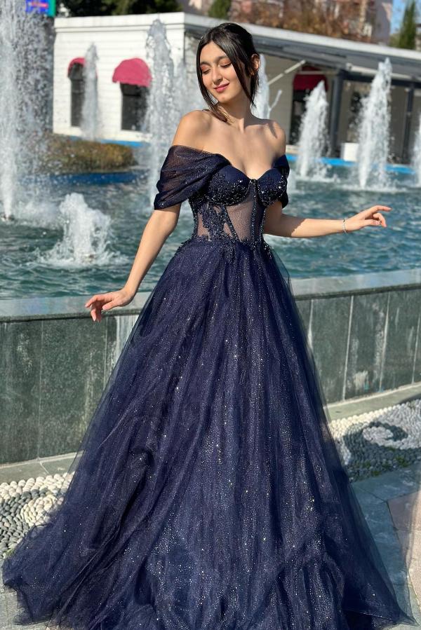 Glitter Long A-line Off the Shoulder Sweetheart Formal Prom Dresses-BallBride