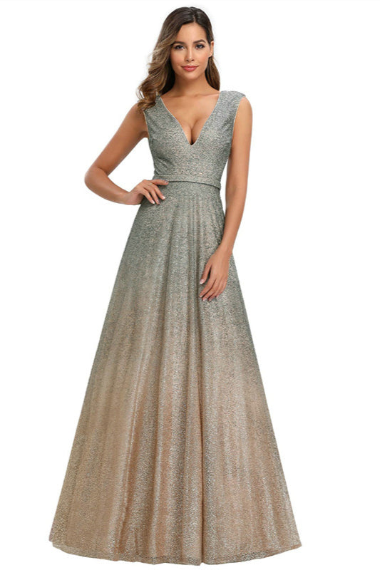 Glittering Ombre Sequins V-Neck Sleeveless Prom Dress Online-BallBride