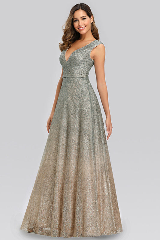 Glittering Ombre Sequins V-Neck Sleeveless Prom Dress Online-BallBride