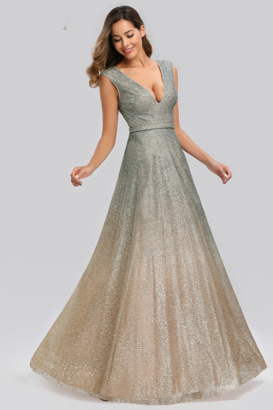 Glittering Ombre Sequins V-Neck Sleeveless Prom Dress Online-BallBride