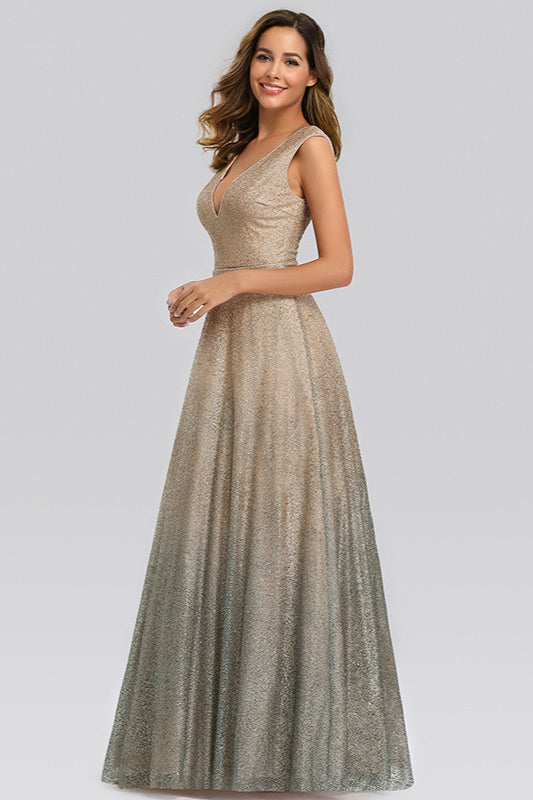 Glittering Ombre Sequins V-Neck Sleeveless Prom Dress Online-BallBride