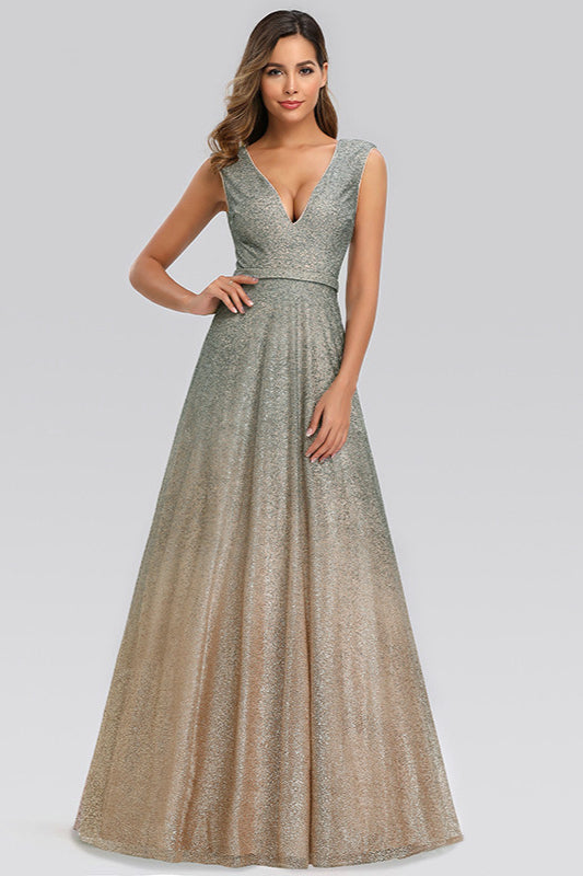 Glittering Ombre Sequins V-Neck Sleeveless Prom Dress Online-BallBride