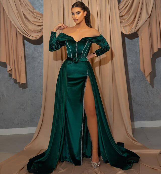 Glorious Dark Green Prom Dress - Long Sleeves Mermaid Off-the-Shoulder With Slit-BallBride