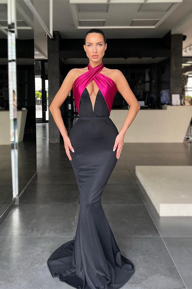 Glorious Halter V-Neck Sleeveless Prom Dress: Mermaid Long Black-BallBride