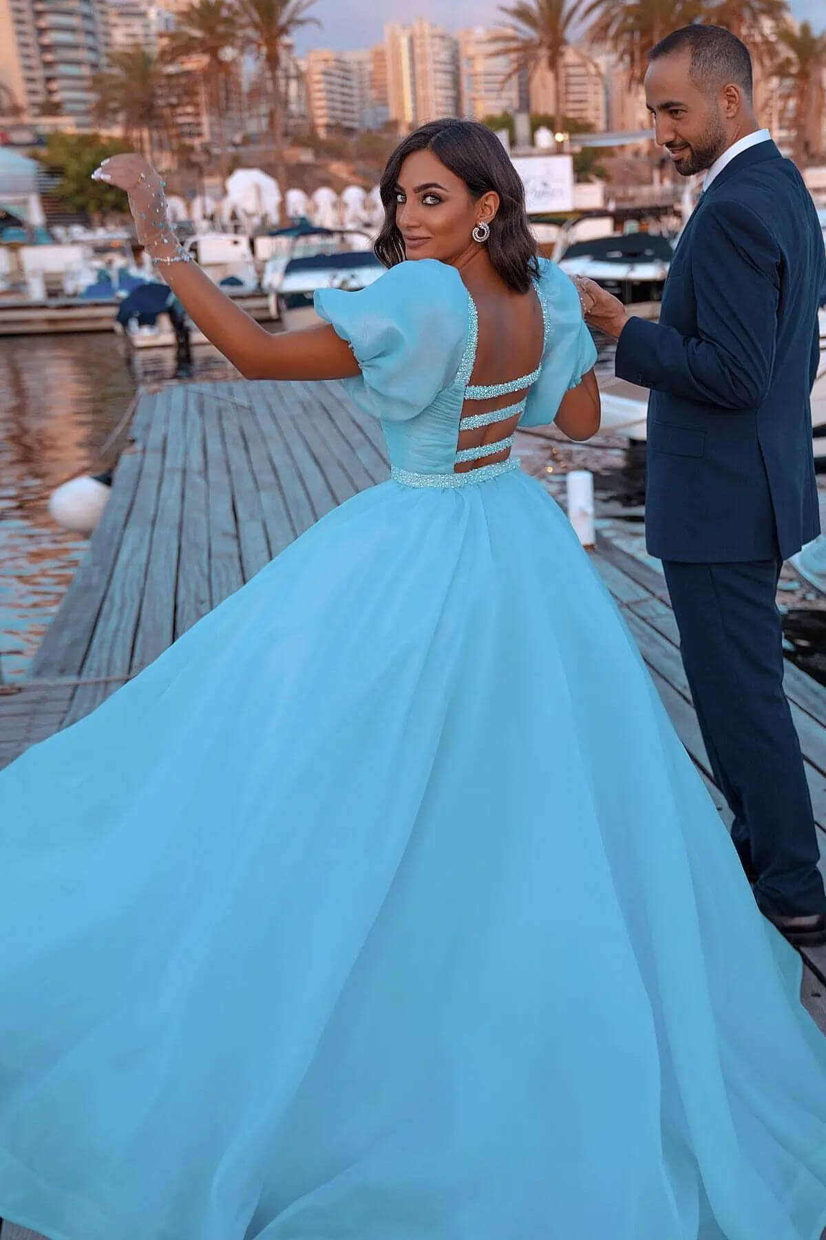 Glorious Ocean Blue Sequins Mermaid Prom Dress with Bubble Sleeves and Tulle Skirt-BallBride