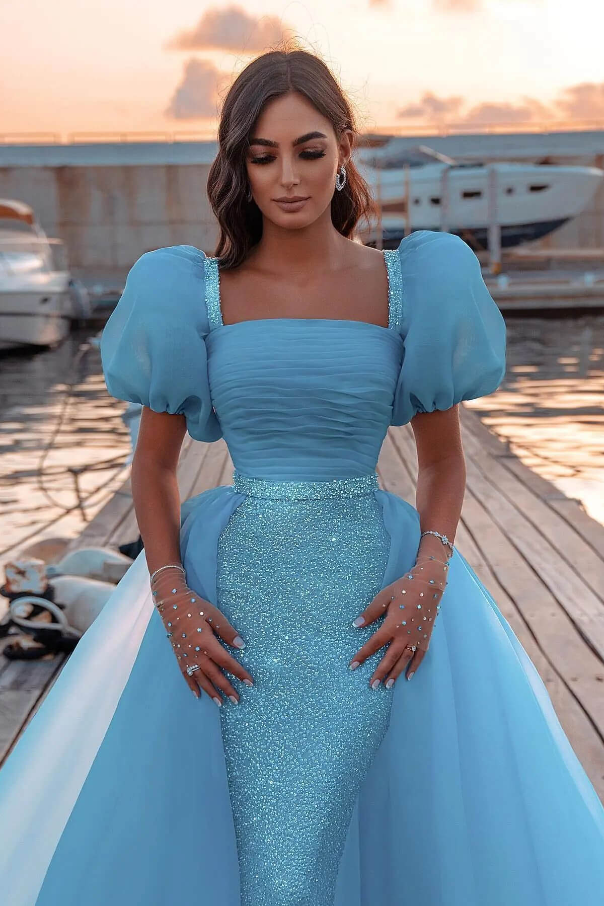 Glorious Ocean Blue Sequins Mermaid Prom Dress with Bubble Sleeves and Tulle Skirt-BallBride