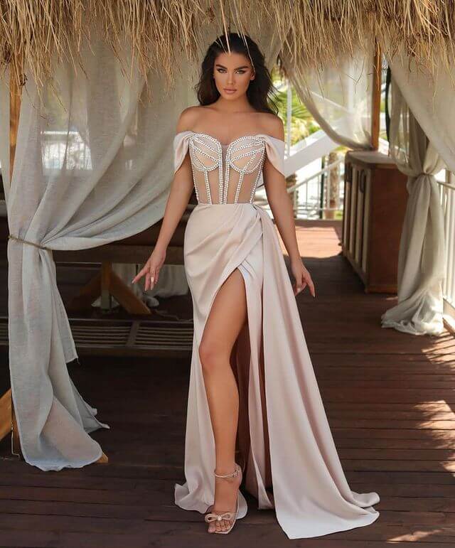 Glorious Off-the-Shoulder Long Prom Dress with Slit and Beads-BallBride