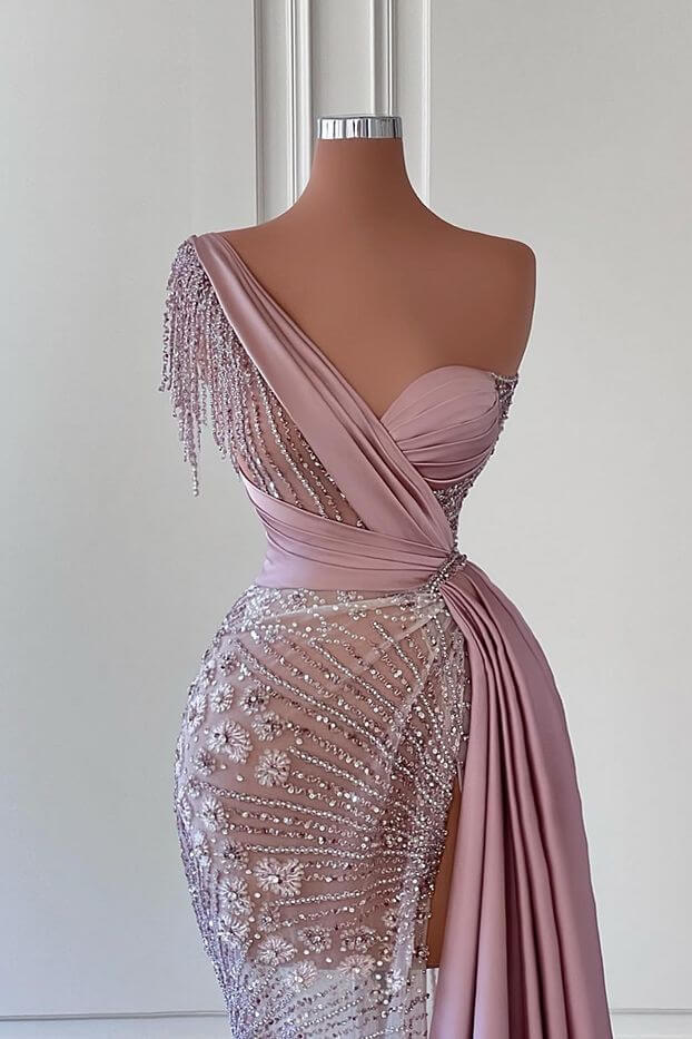 Glorious One Shoulder Mermaid Prom Dress with Beadings and Tassels-BallBride