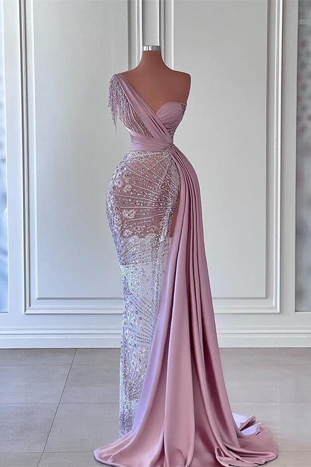 Glorious One Shoulder Mermaid Prom Dress with Beadings and Tassels-BallBride