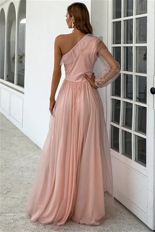 Glorious One Shoulder Pink Evening Dress Long Sleeves A-Line-BallBride