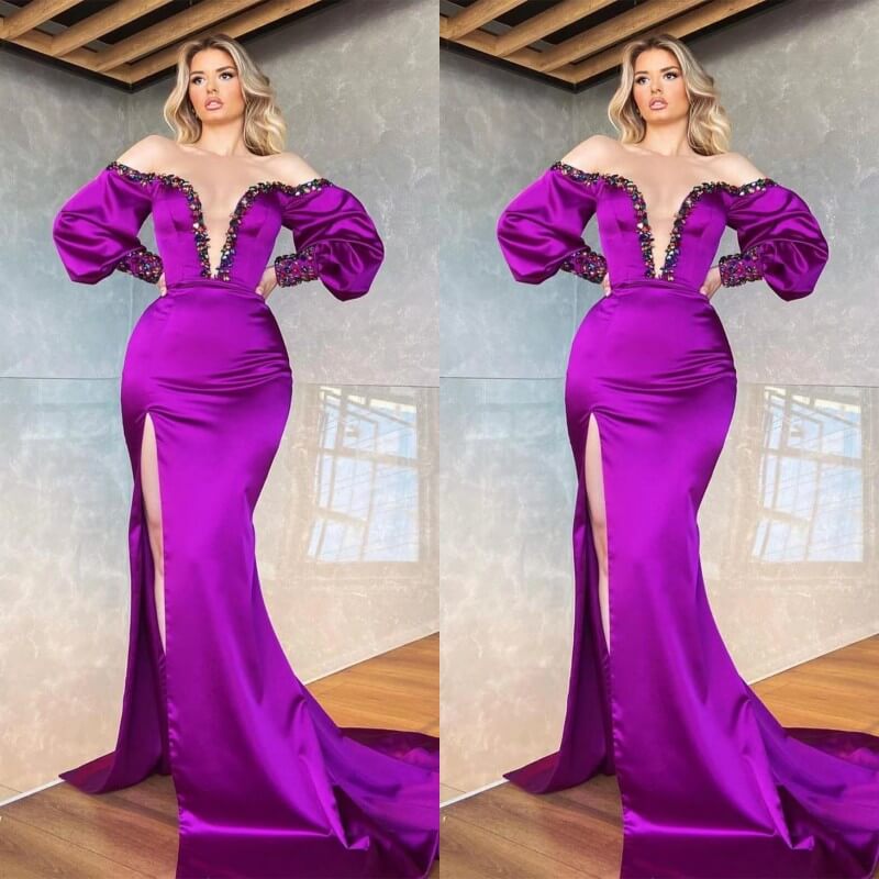 Glorious Purple Long Sleeves Mermaid Prom Dress with Off-the-Shoulder Slit and Crystal-BallBride