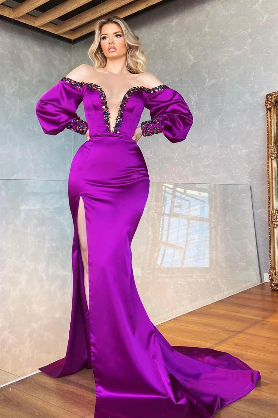 Glorious Purple Long Sleeves Mermaid Prom Dress with Off-the-Shoulder Slit and Crystal-BallBride