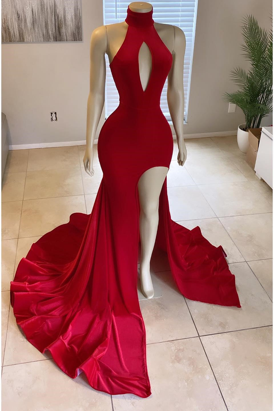 Glorious Red Front Split Mermaid High-Neck Prom Dress Online-BallBride