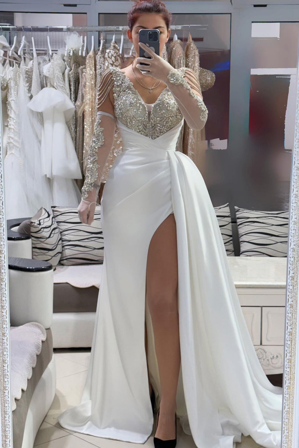 Gloves Mermaid Slit Long Appliques Lace Prom Dress with Rhinestones-BallBride