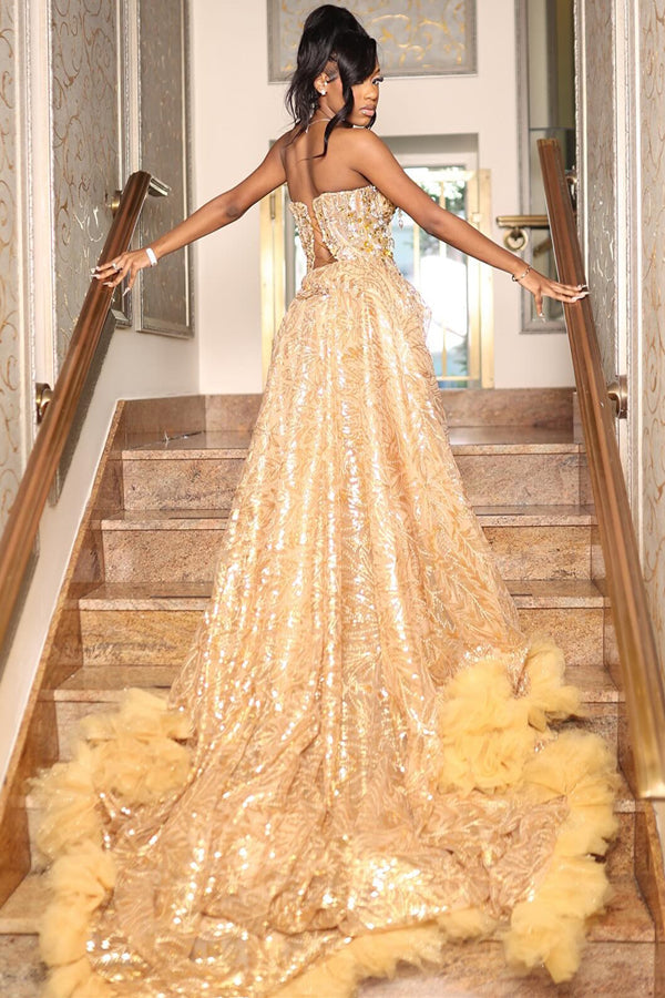 Gold Champagne Lace Crystal Sweetheart Side Slit Prom Dress-BallBride