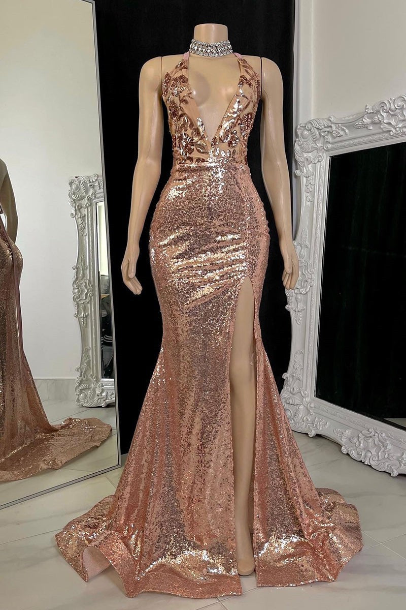 Gold Champagne Sequins Open Back Side Slit Prom Dress-BallBride