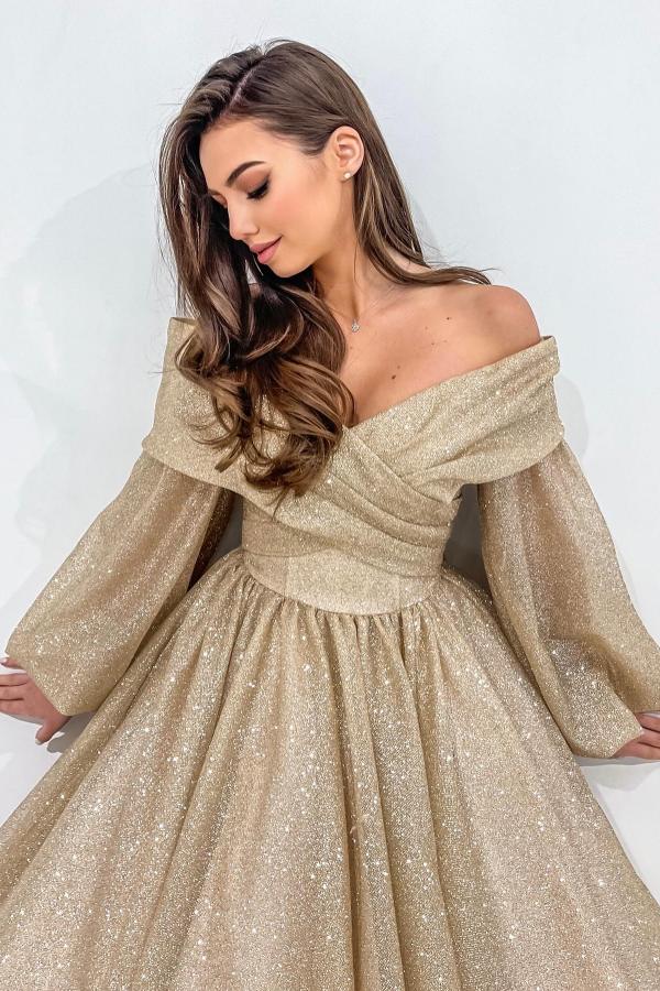 Gold Long Sleeve Off The Shoulder A Line Draped Tulle Prom Dress with Beads-BallBride