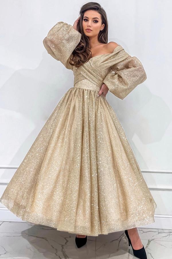 Gold Long Sleeve Off The Shoulder A Line Draped Tulle Prom Dress with Beads-BallBride