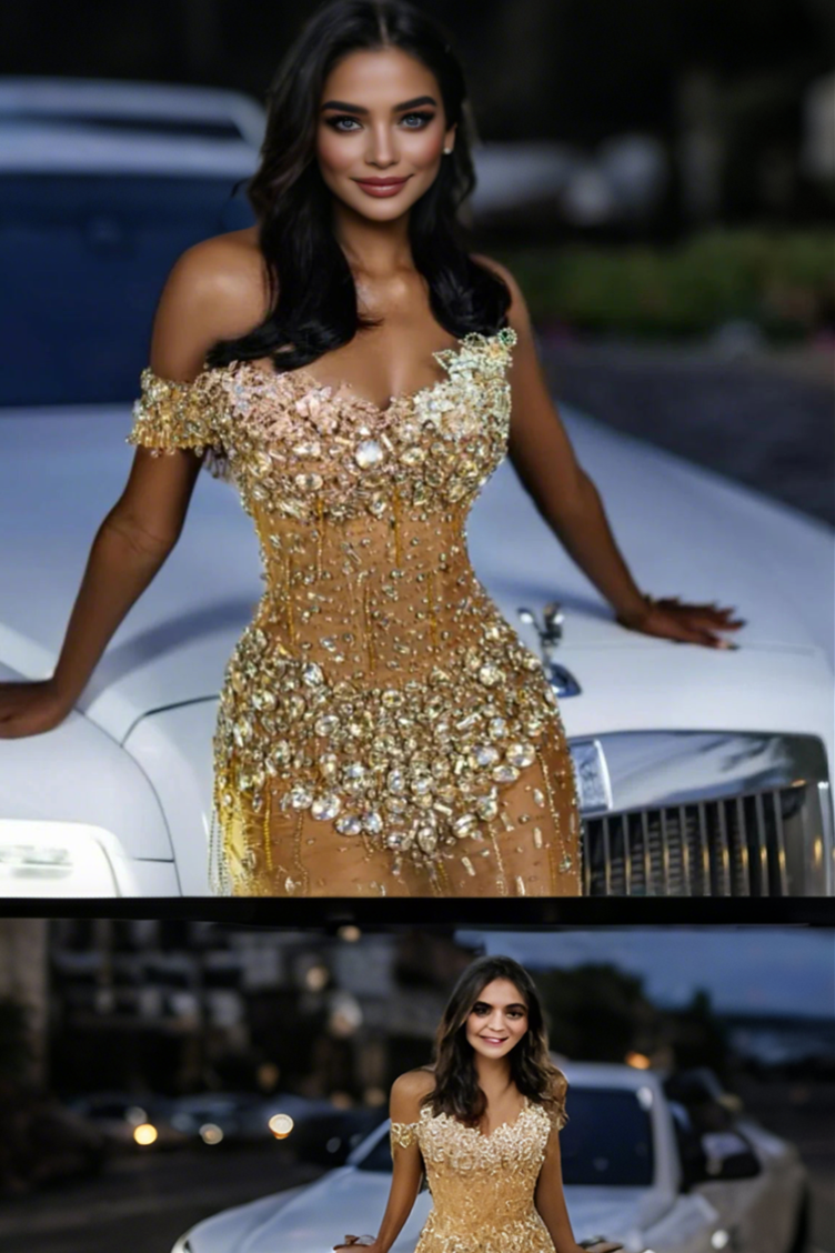Gold Off Shoulder Sweetheart Silver Gems Floor length Prom Dress-BallBride