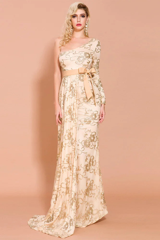 Gold One Shoulder Long Sleeves Sequins Prom Dress Mermaid Long Evening Gowns-BallBride