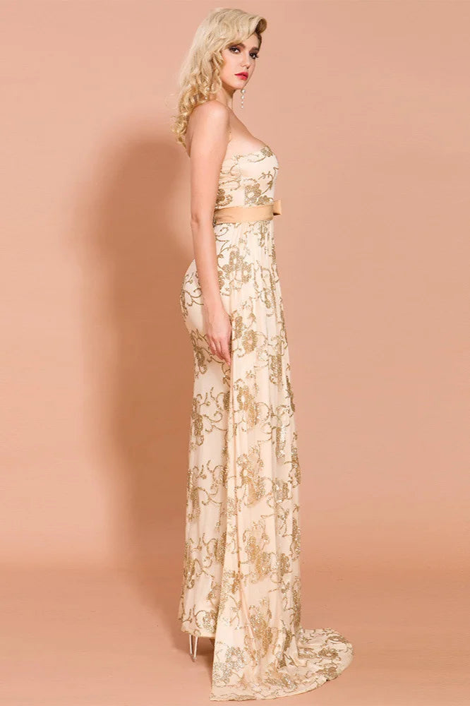 Gold One Shoulder Long Sleeves Sequins Prom Dress Mermaid Long Evening Gowns-BallBride